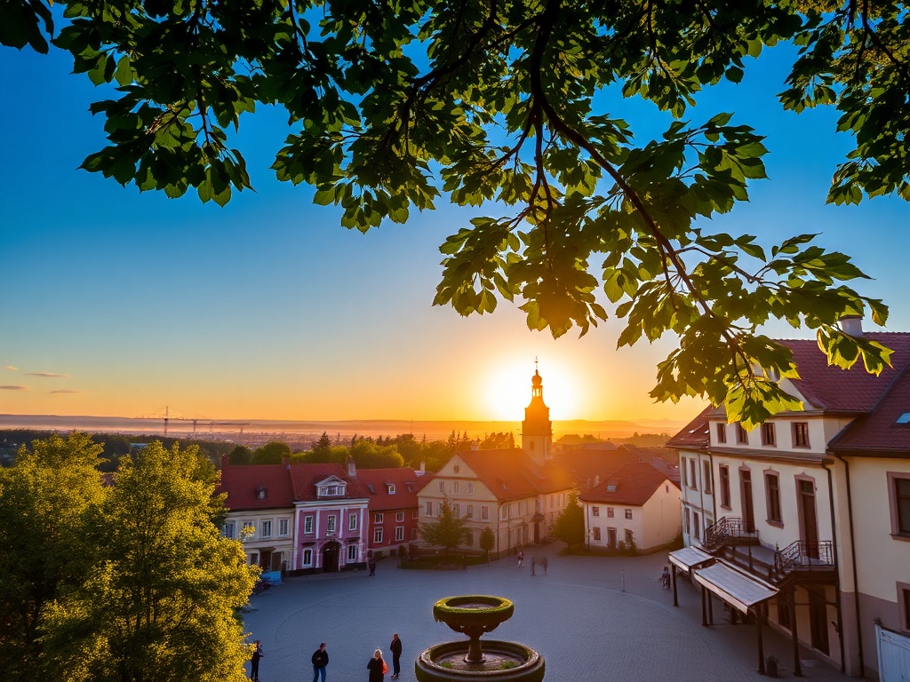 Malowniczy widok kwitnących drzew wiśni lub czereśni w parku miejskim Wodzisławia Śląskiego.